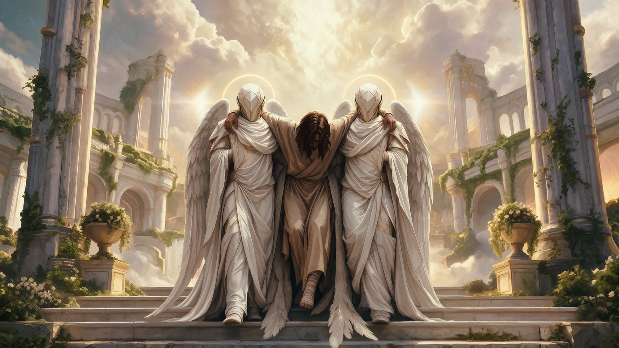 Two masked, winged figures carry a robed figure down the steps of a sunlit celestial city.